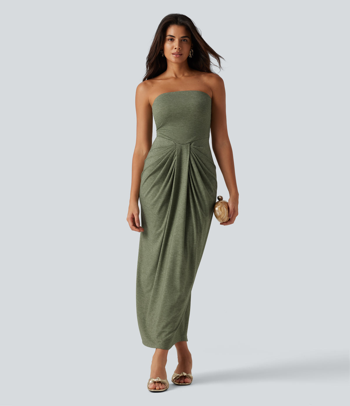 Tube Built-in Bra Maxi Party Dress — Light Green Floral Yarn — view 7