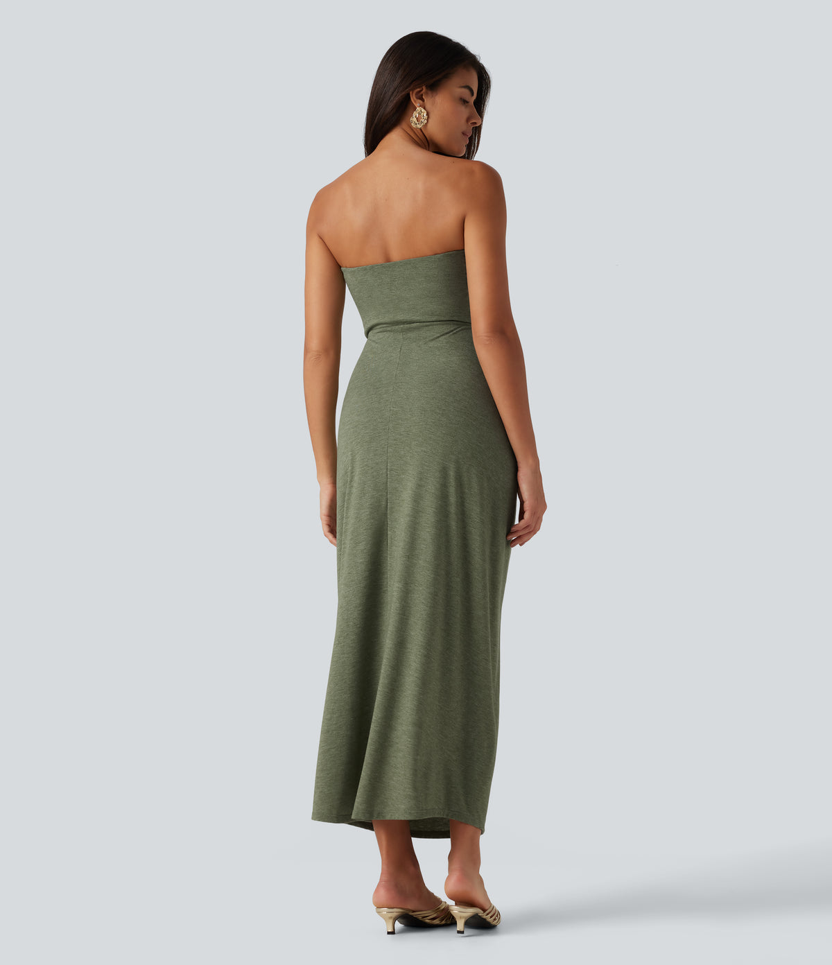 Tube Built-in Bra Maxi Party Dress — Light Green Floral Yarn — view 3