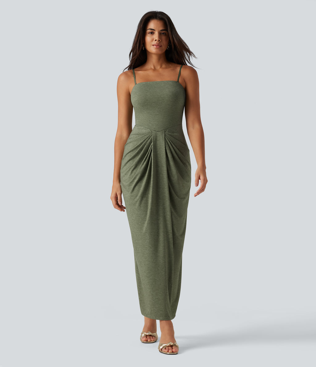 Tube Built-in Bra Maxi Party Dress — Light Green Floral Yarn — view 2