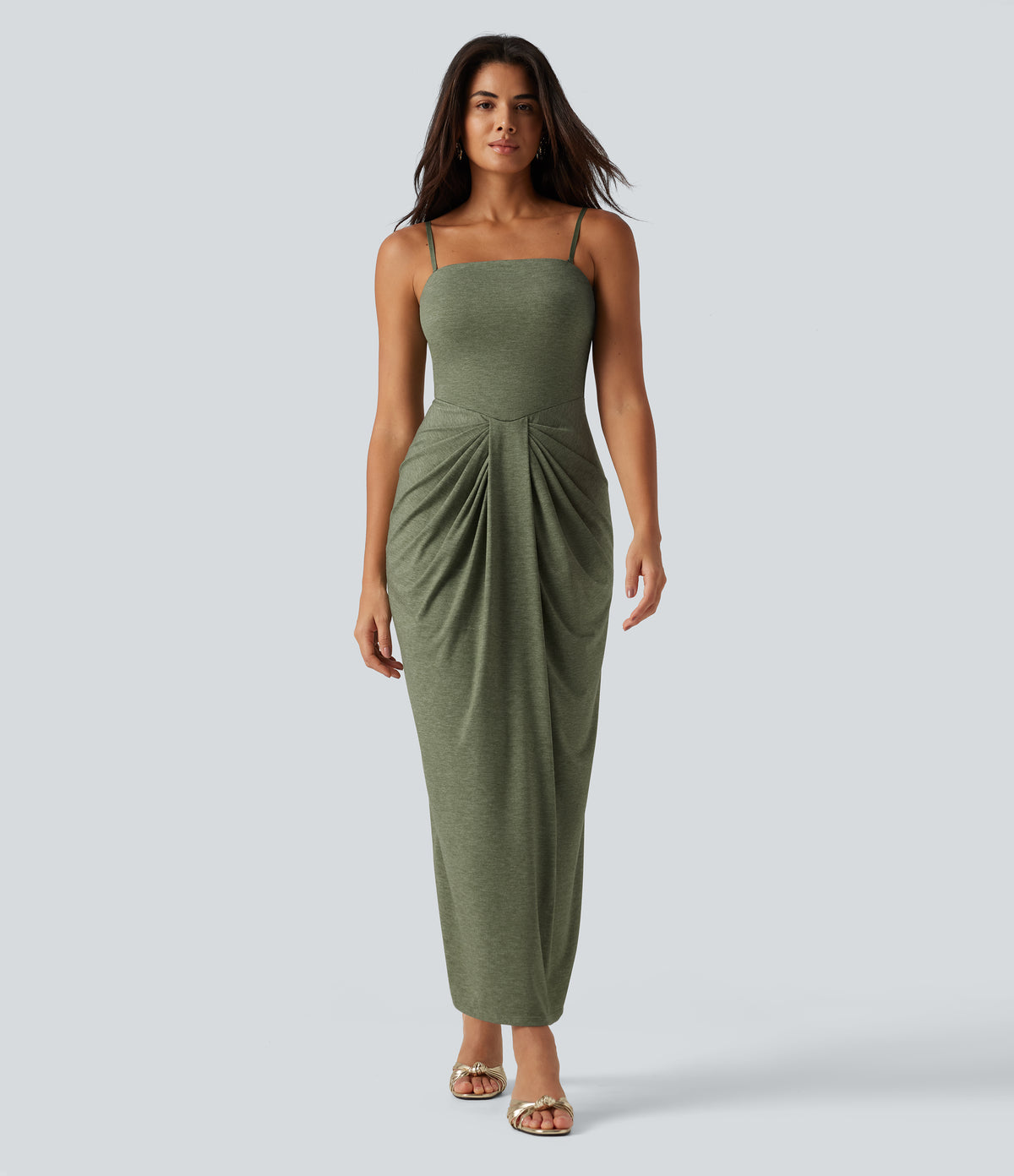 Tube Built-in Bra Maxi Party Dress — Light Green Floral Yarn — view 2