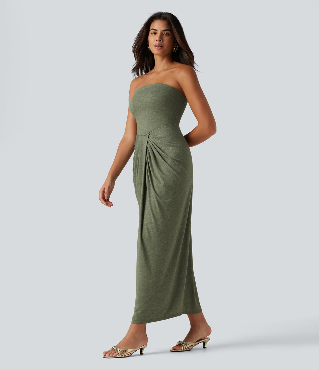 Tube Built-in Bra Maxi Party Dress — Light Green Floral Yarn — view 4