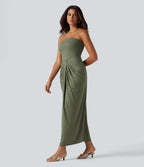 Tube Built-in Bra Maxi Party Dress — Light Green Floral Yarn — view 4