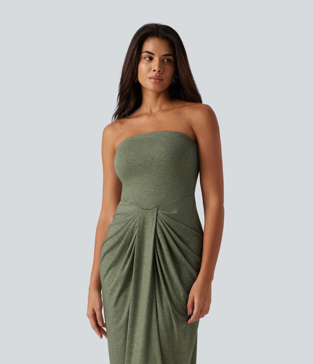 Tube Built-in Bra Maxi Party Dress — Light Green Floral Yarn — view 5