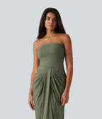 Tube Built-in Bra Maxi Party Dress — Light Green Floral Yarn — view 5