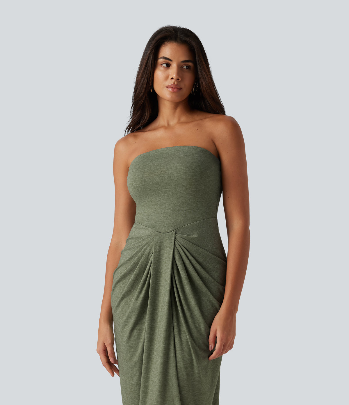 Tube Built-in Bra Maxi Party Dress — Light Green Floral Yarn — view 5