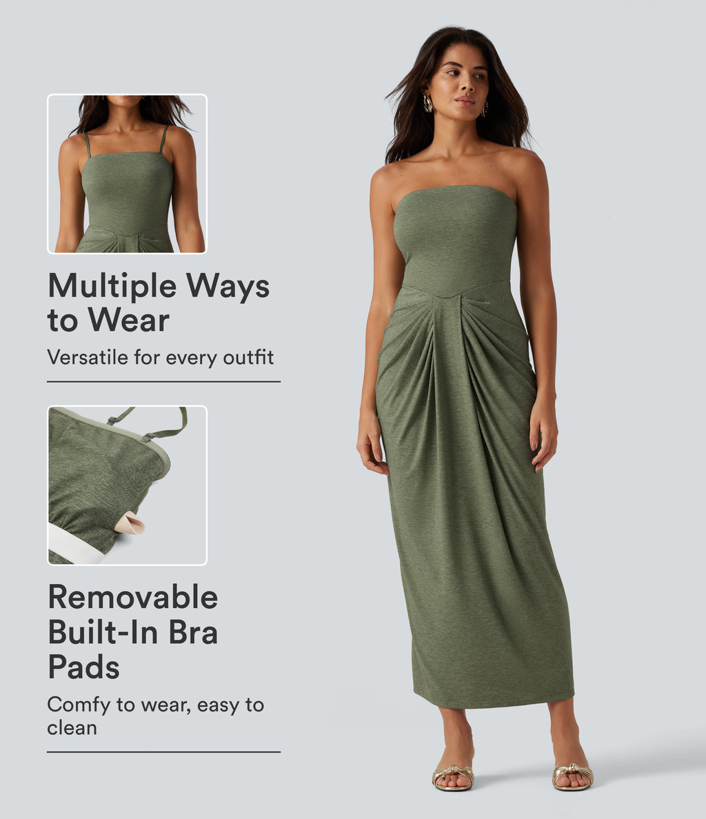 Tube Built-in Bra Maxi Party Dress — Light Green Floral Yarn — view 1