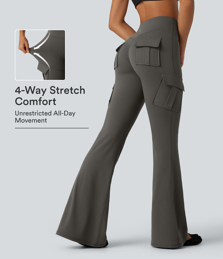 High Waisted Flare Cargo Skinny Yoga Leggings with Pockets — Deep Red Grey — view 1