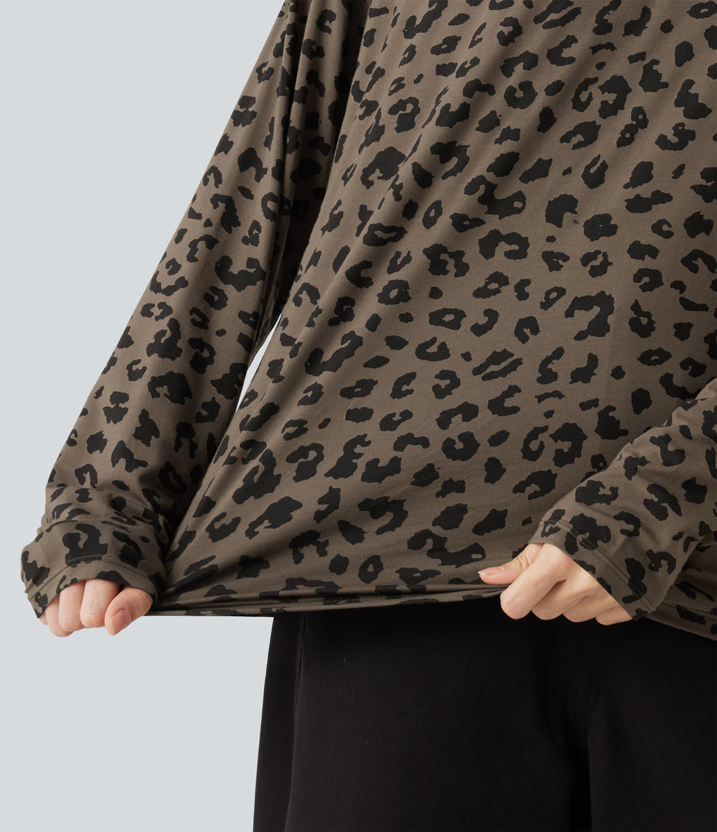 V Nneck Leopard Print Long Sleeve Casual T-Shirt — Deep Umber Leopard — view 8