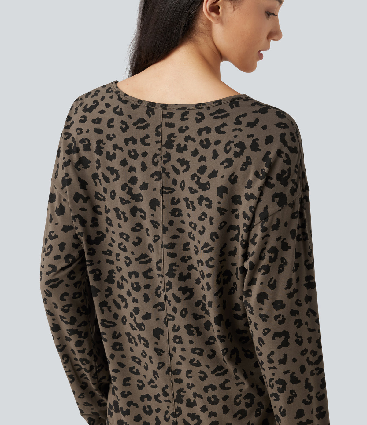 V Nneck Leopard Print Long Sleeve Casual T-Shirt — Deep Umber Leopard — view 7