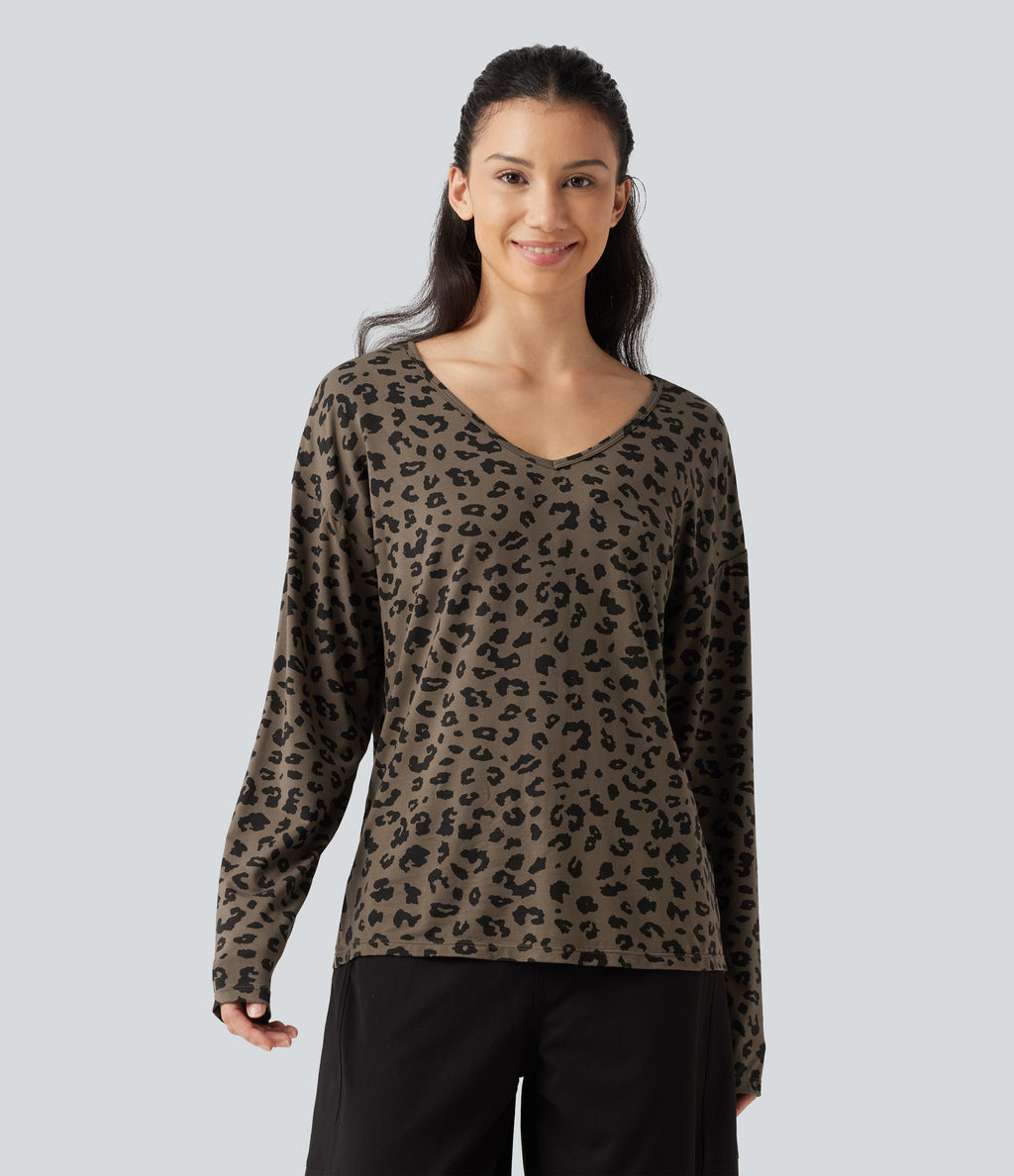 V Nneck Leopard Print Long Sleeve Casual T-Shirt — Deep Umber Leopard — view 6