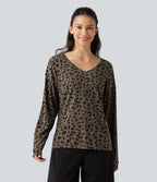 V Nneck Leopard Print Long Sleeve Casual T-Shirt — Deep Umber Leopard — view 6
