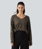 V Nneck Leopard Print Long Sleeve Casual T-Shirt — Deep Umber Leopard — view 4