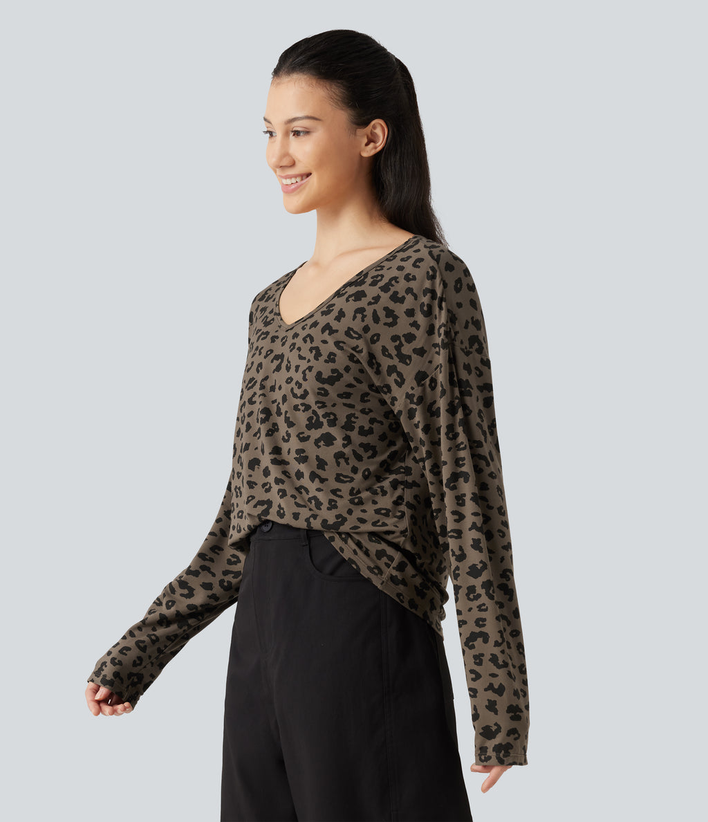 V Nneck Leopard Print Long Sleeve Casual T-Shirt — Deep Umber Leopard — view 3