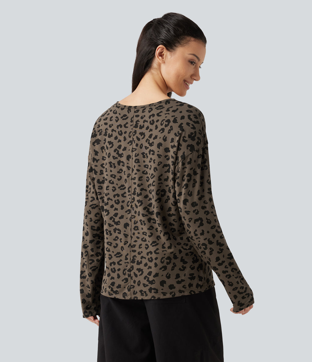 V Nneck Leopard Print Long Sleeve Casual T-Shirt — Deep Umber Leopard — view 2