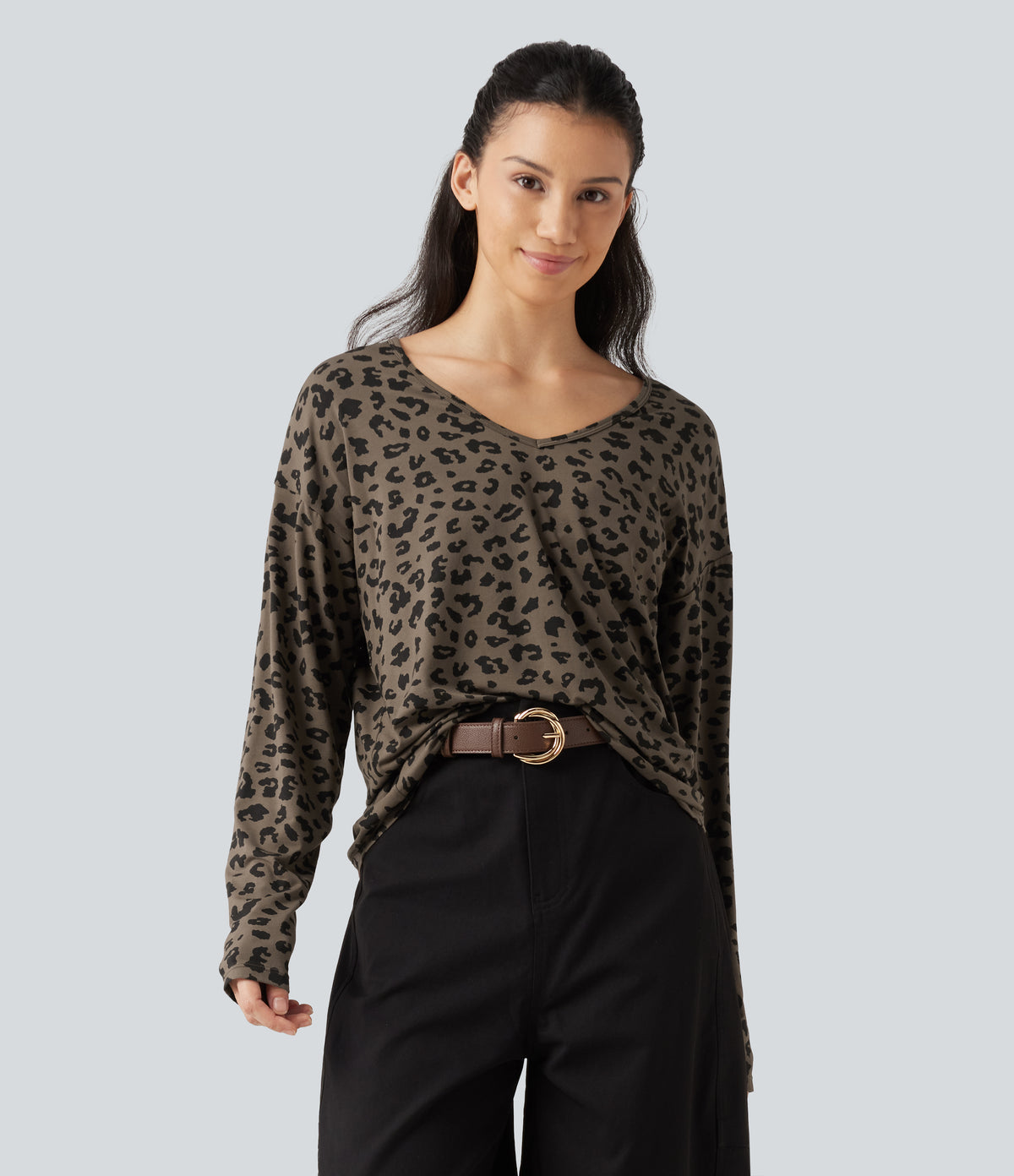 V Nneck Leopard Print Long Sleeve Casual T-Shirt — Deep Umber Leopard — view 5