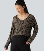 V Nneck Leopard Print Long Sleeve Casual T-Shirt — Deep Umber Leopard — view 1