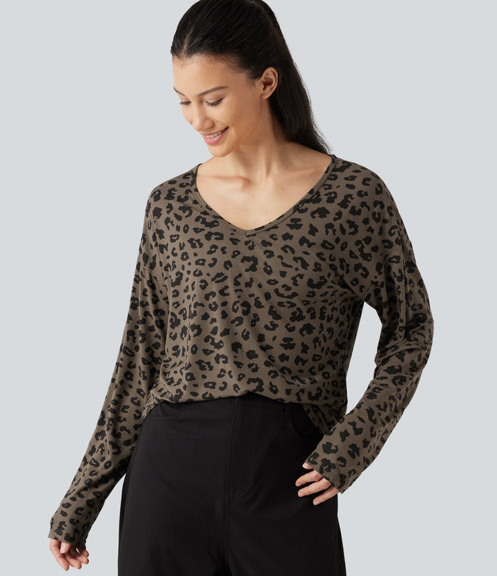 V Nneck Leopard Print Long Sleeve Casual T-Shirt — Deep Umber Leopard — view 1