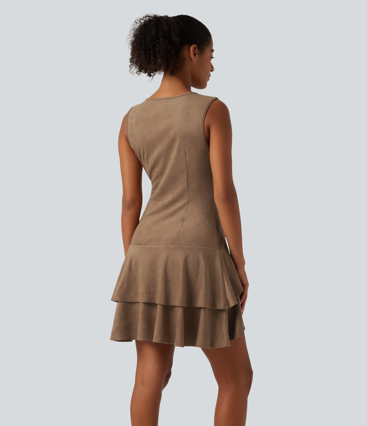 Round Neck Sleeveless Layered Ruffle Hem Suede Mini Casual Dress — Coca Mocha — view 2