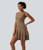 Round Neck Sleeveless Layered Ruffle Hem Suede Mini Casual Dress — Coca Mocha — view 1