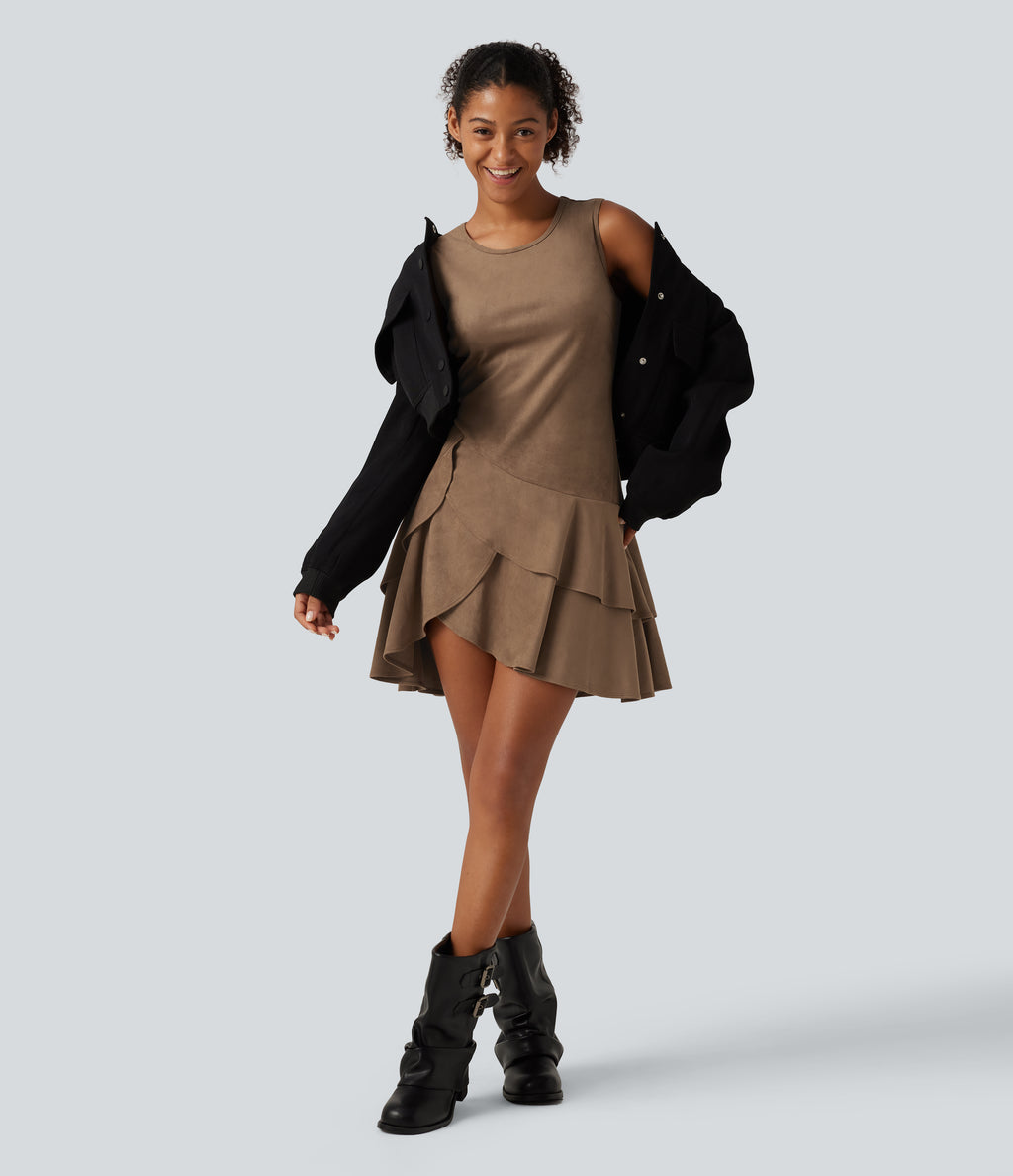 Round Neck Sleeveless Layered Ruffle Hem Suede Mini Casual Dress — Coca Mocha — view 7