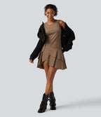 Round Neck Sleeveless Layered Ruffle Hem Suede Mini Casual Dress — Coca Mocha — view 7