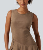 Round Neck Sleeveless Layered Ruffle Hem Suede Mini Casual Dress — Coca Mocha — view 4