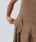 Round Neck Sleeveless Layered Ruffle Hem Suede Mini Casual Dress — Coca Mocha — view 6