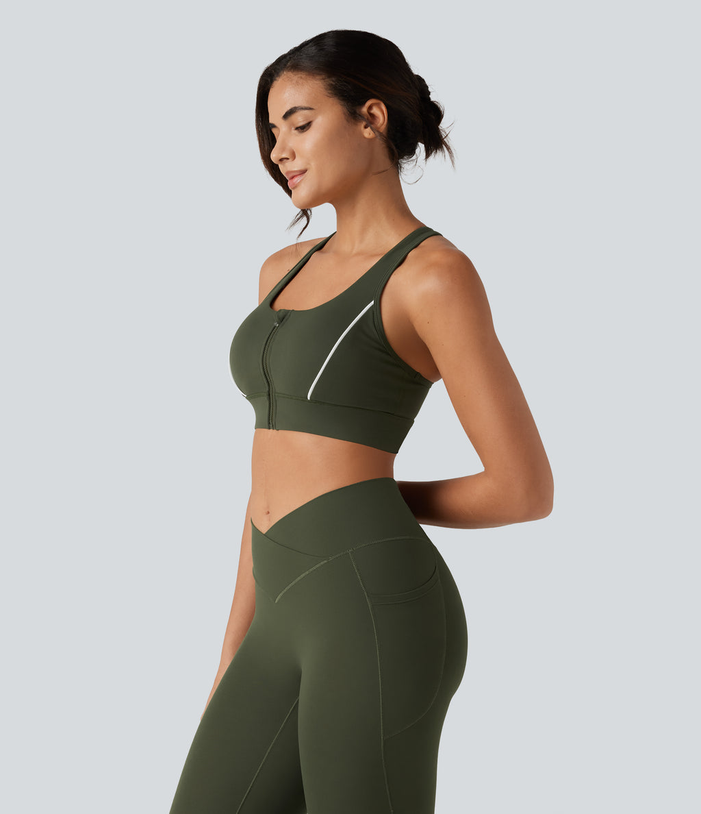 Medium Support Color Block Racerback Built-in Bra Training Sports Bra with Pocket — Deep Woodland Green — view 3