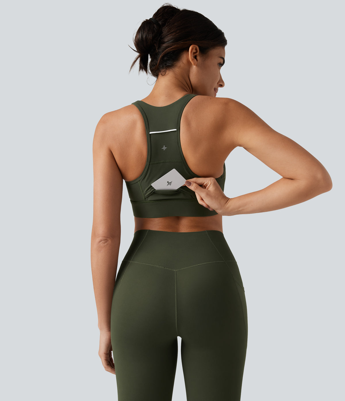 Medium Support Color Block Racerback Built-in Bra Training Sports Bra with Pocket — Deep Woodland Green — view 2