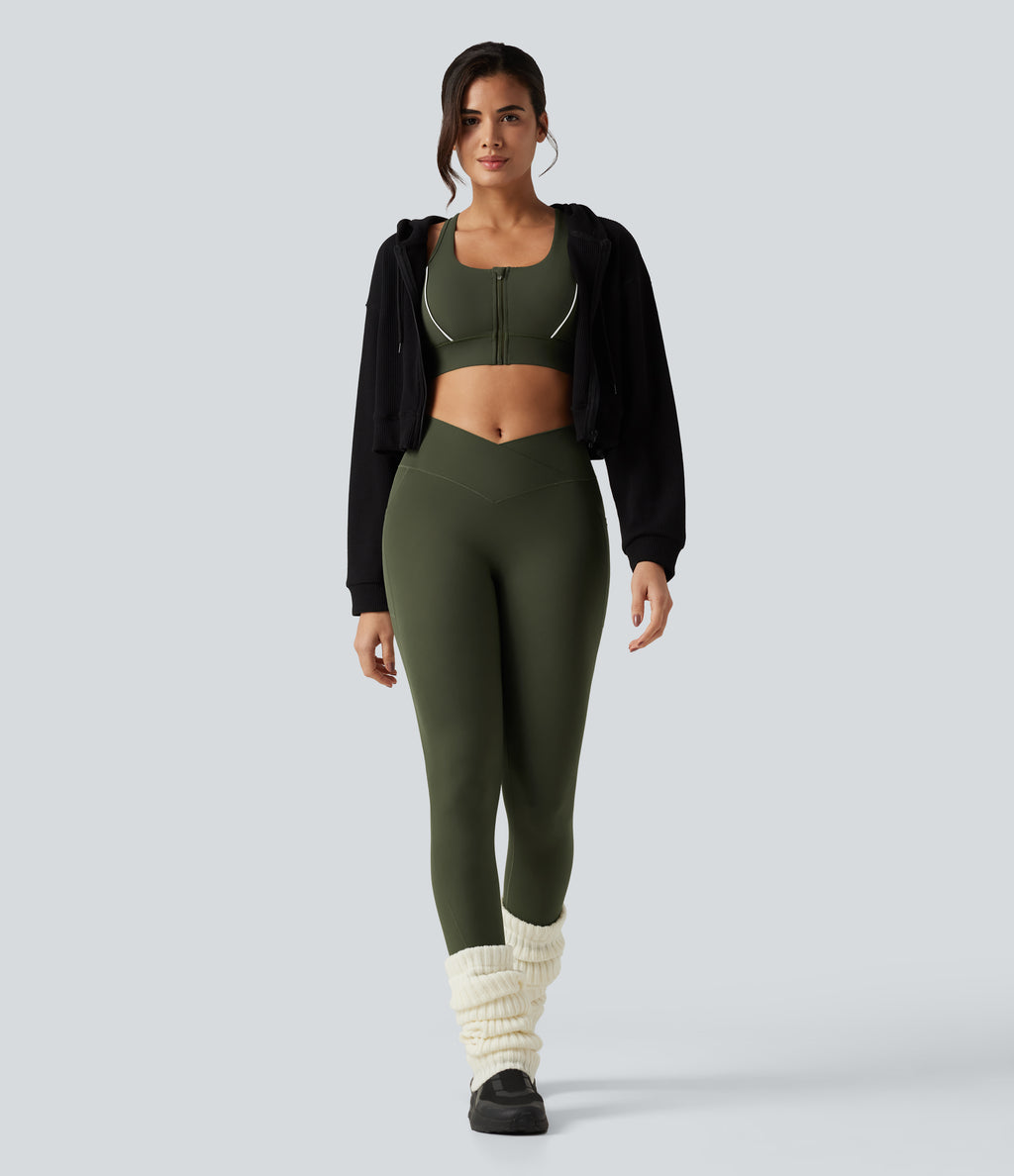Medium Support Color Block Racerback Built-in Bra Training Sports Bra with Pocket — Deep Woodland Green — view 8