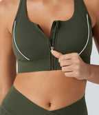Medium Support Color Block Racerback Built-in Bra Training Sports Bra with Pocket — Deep Woodland Green — view 6