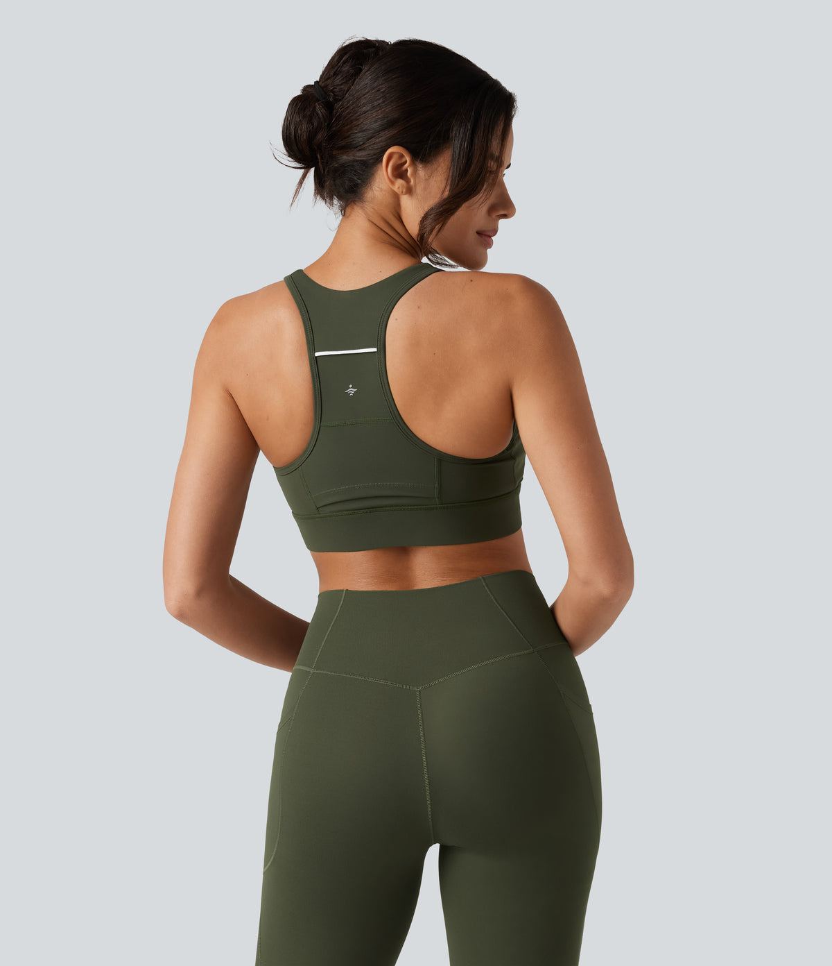 Medium Support Color Block Racerback Built-in Bra Training Sports Bra with Pocket — Deep Woodland Green — view 5