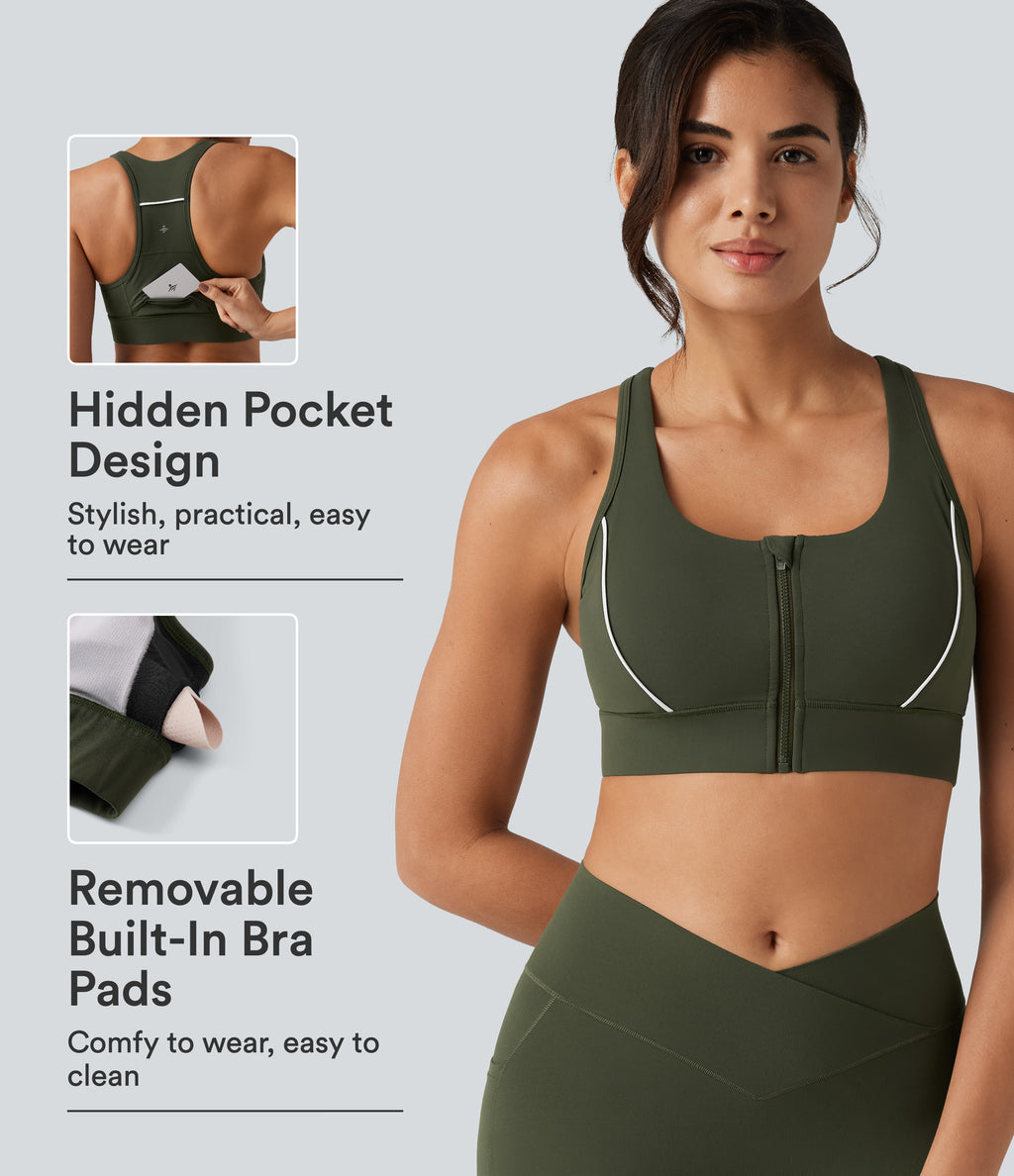 Medium Support Color Block Racerback Built-in Bra Training Sports Bra with Pocket — Deep Woodland Green — view 1