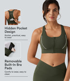 Medium Support Color Block Racerback Built-in Bra Training Sports Bra with Pocket — Deep Woodland Green — view 1