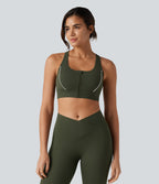 Medium Support Color Block Racerback Built-in Bra Training Sports Bra with Pocket — Deep Woodland Green — view 4