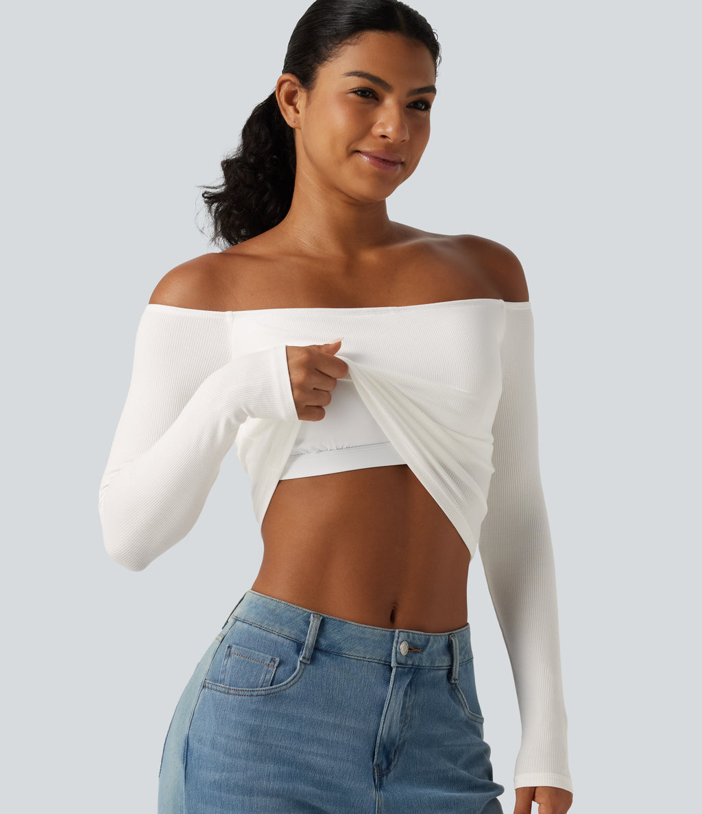 Ribbed Knit Off Shoulder Long Sleeve Built-in Bra Cropped Casual Top — White — view 1