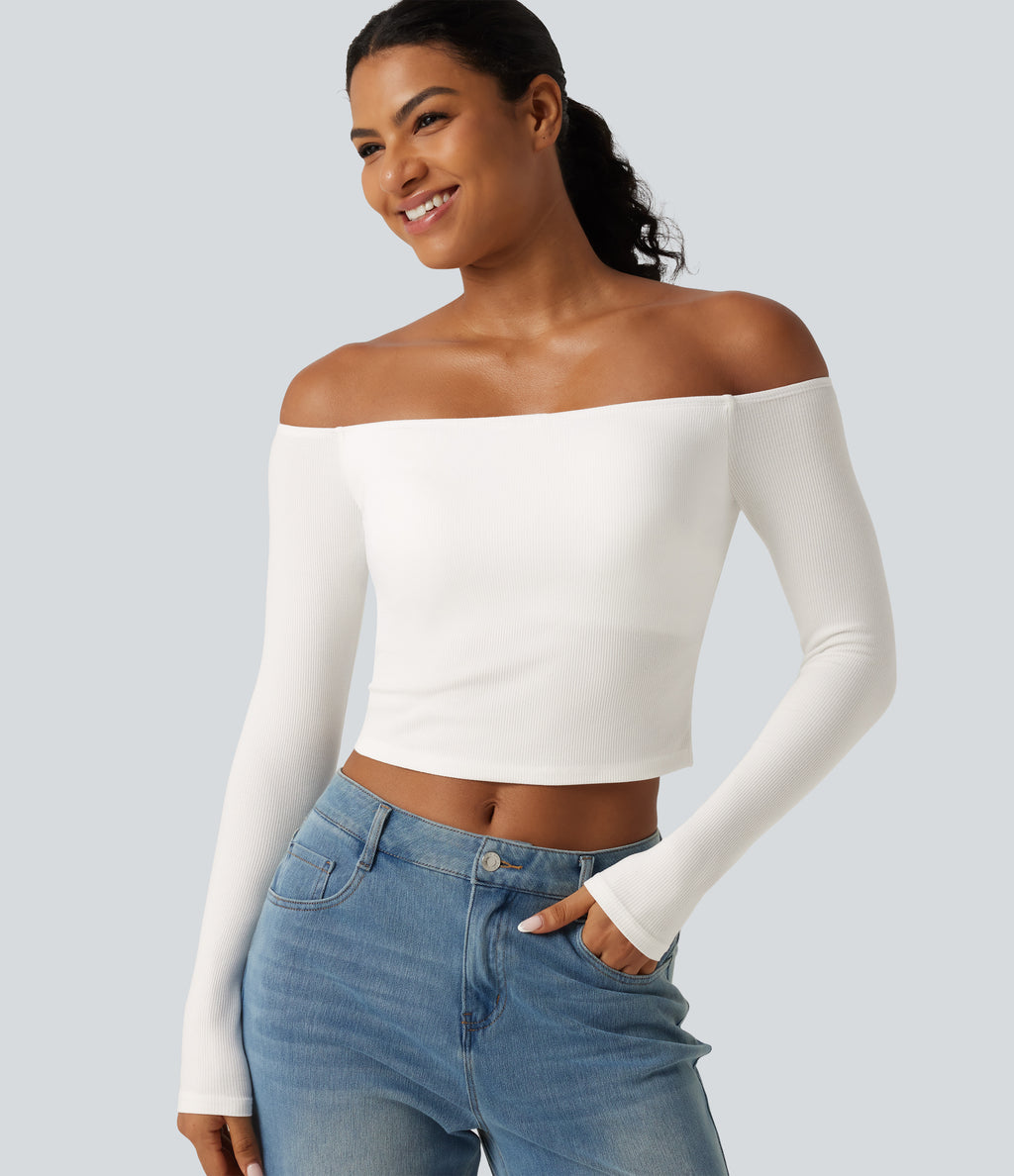 Ribbed Knit Off Shoulder Long Sleeve Built-in Bra Cropped Casual Top — White — view 5