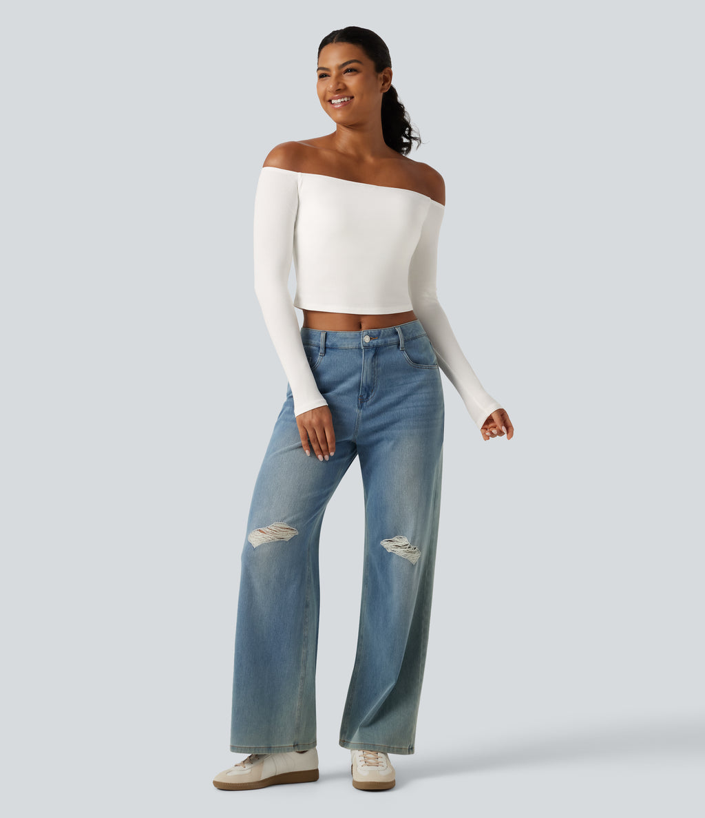 Ribbed Knit Off Shoulder Long Sleeve Built-in Bra Cropped Casual Top — White — view 7