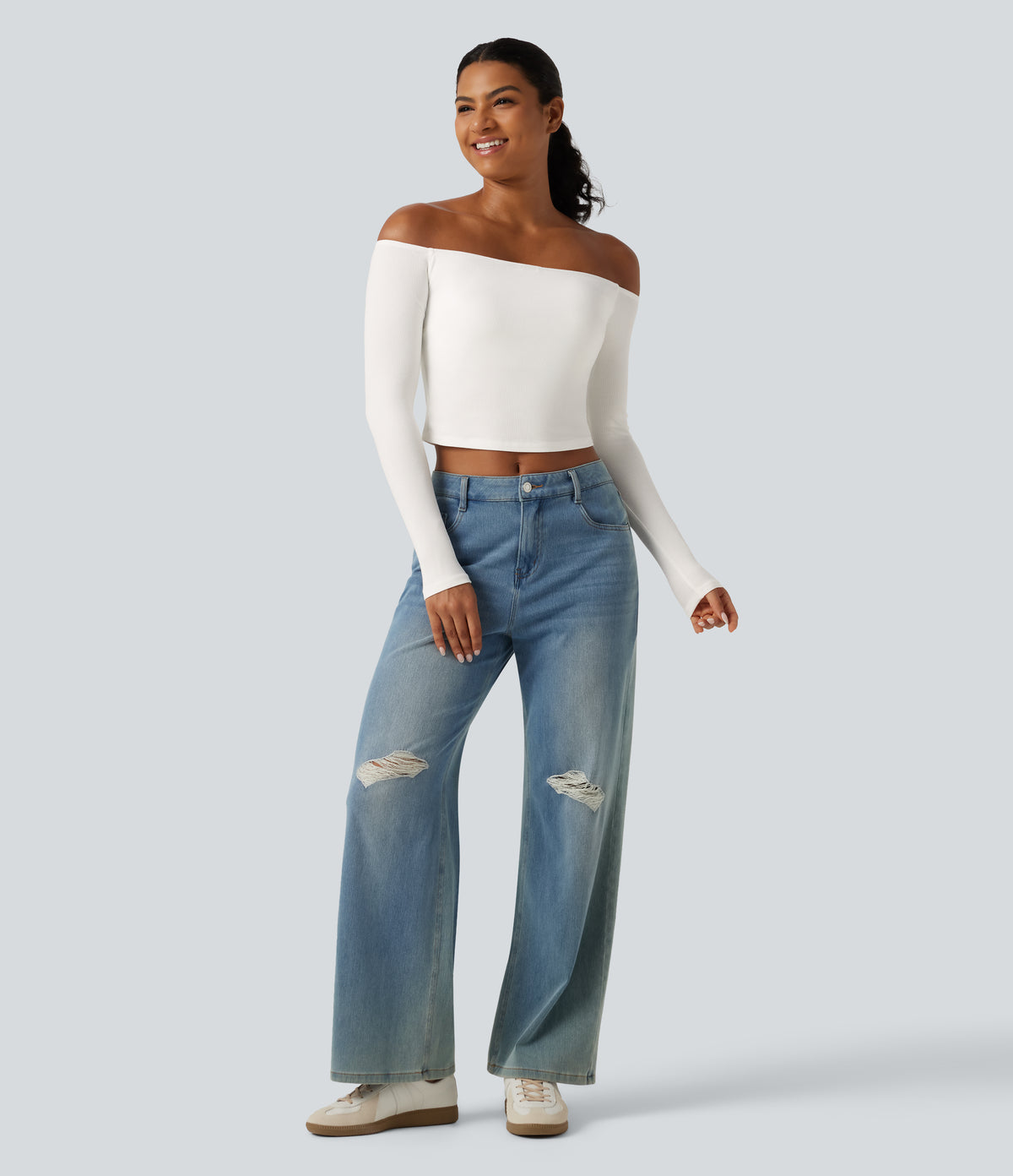 Ribbed Knit Off Shoulder Long Sleeve Built-in Bra Cropped Casual Top — White — view 7