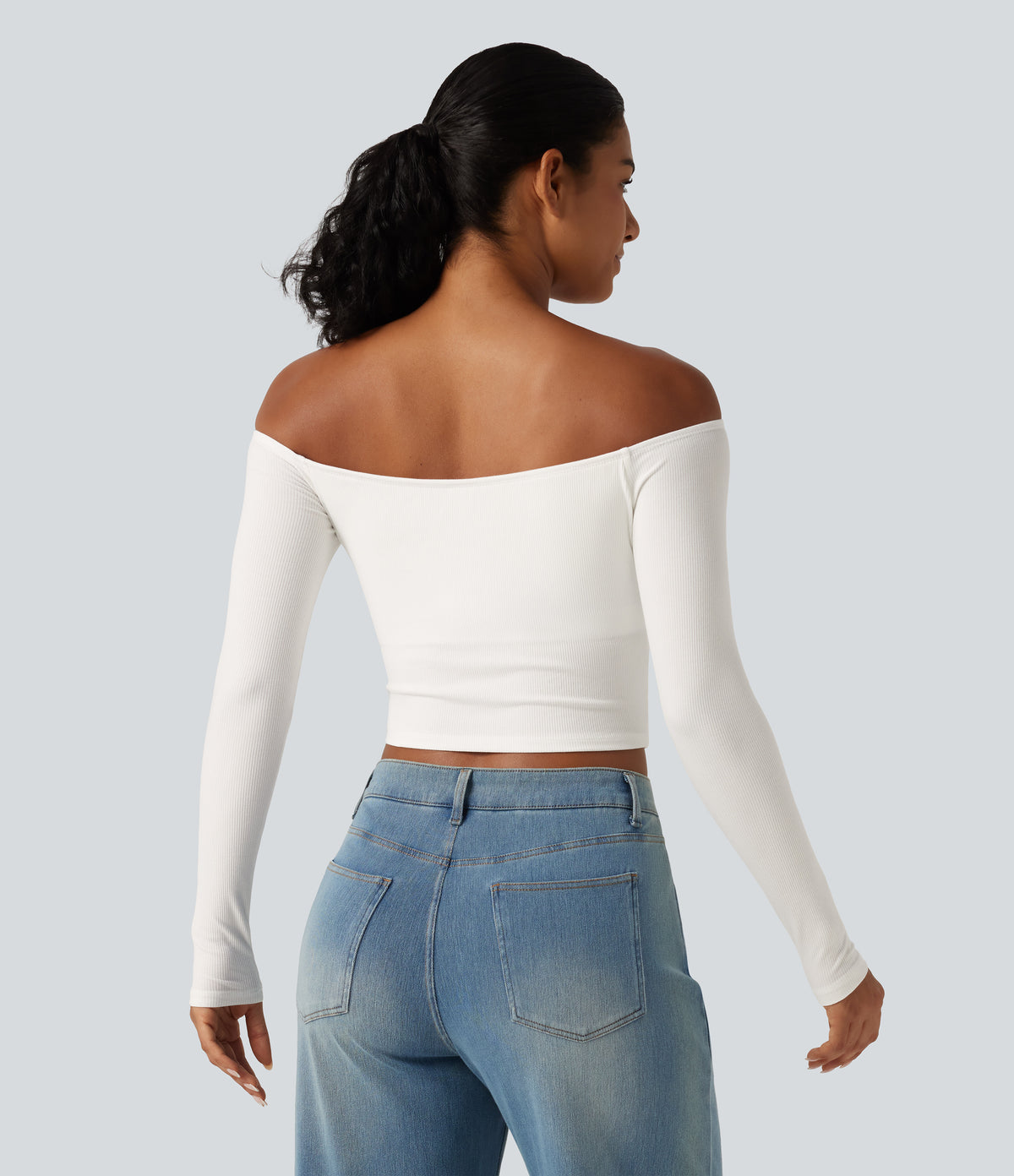 Ribbed Knit Off Shoulder Long Sleeve Built-in Bra Cropped Casual Top — White — view 2