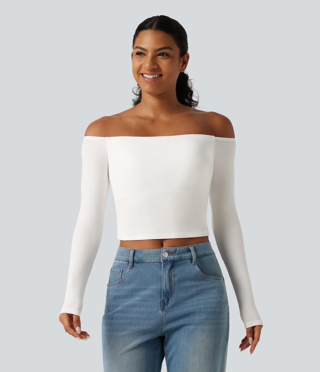 Ribbed Knit Off Shoulder Long Sleeve Built-in Bra Cropped Casual Top — White — view 3