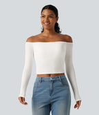 Ribbed Knit Off Shoulder Long Sleeve Built-in Bra Cropped Casual Top — White — view 3