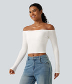 Ribbed Knit Off Shoulder Long Sleeve Built-in Bra Cropped Casual Top — White — view 4