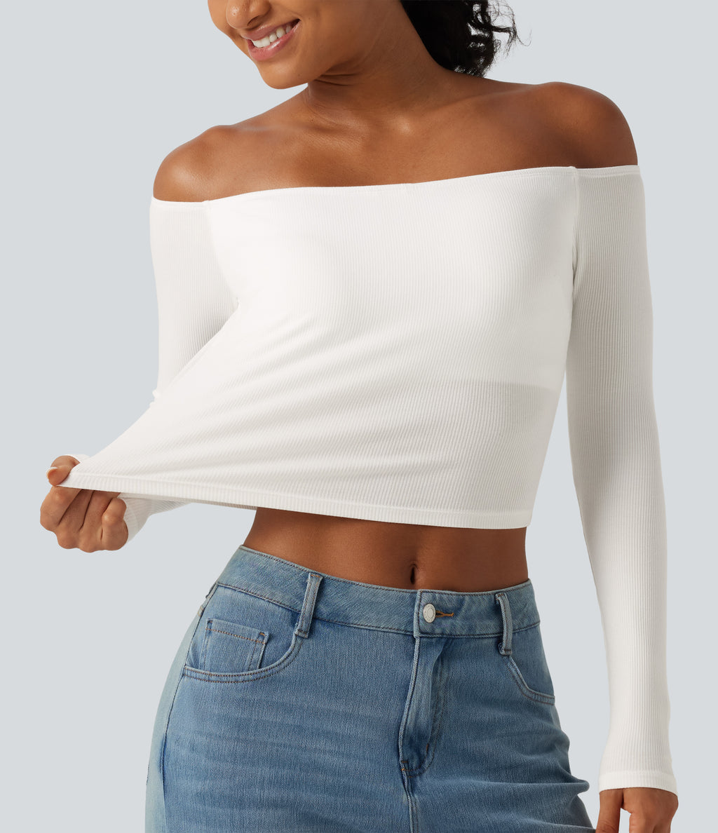 Ribbed Knit Off Shoulder Long Sleeve Built-in Bra Cropped Casual Top — White — view 6