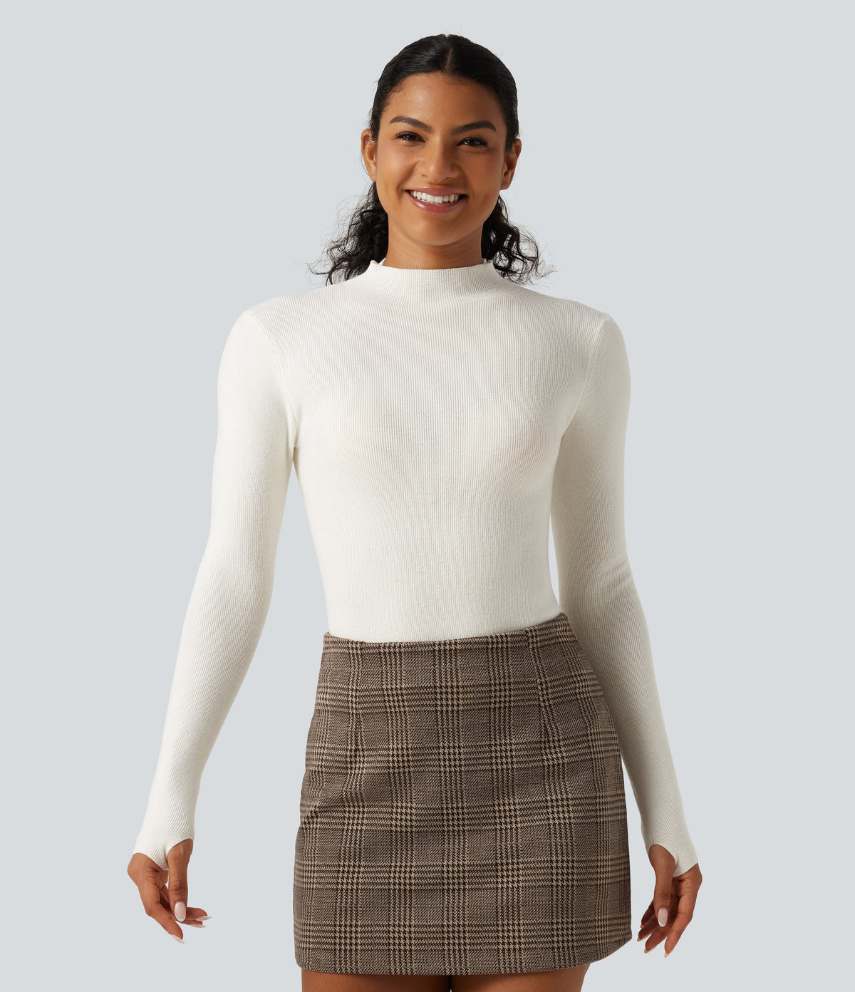 Mock Neck Long Sleeve Thumb Hole Work Wool-Blend Jumper — White Down — view 1