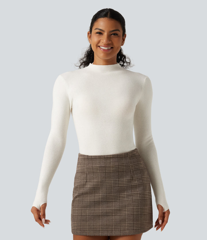 Mock Neck Long Sleeve Thumb Hole Work Wool-Blend Jumper — White Down — view 1