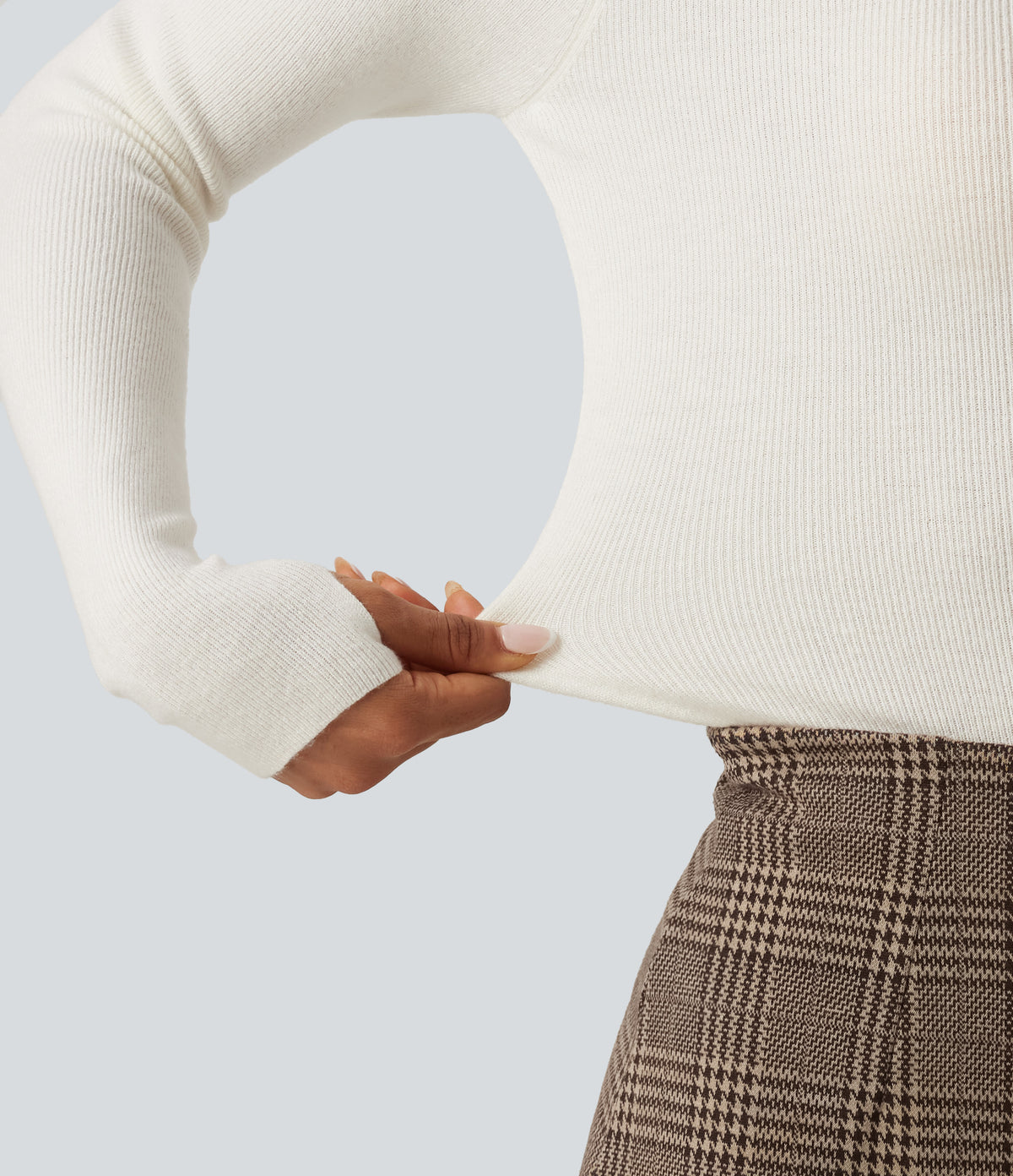 Mock Neck Long Sleeve Thumb Hole Work Wool-Blend Jumper — White Down — view 7