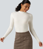 Mock Neck Long Sleeve Thumb Hole Work Wool-Blend Jumper — White Down — view 5