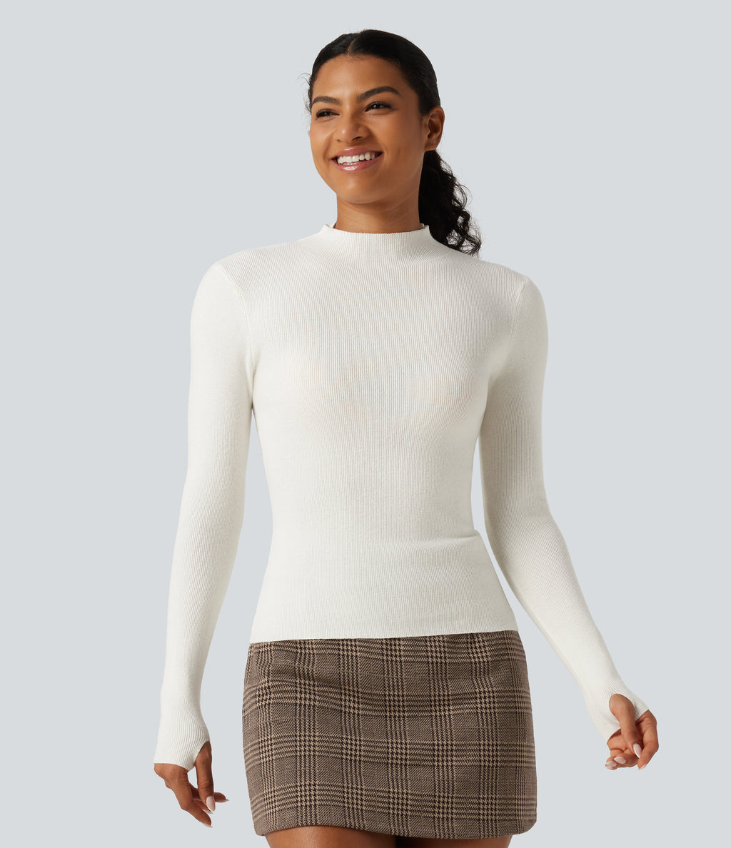 Mock Neck Long Sleeve Thumb Hole Work Wool-Blend Jumper — White Down — view 4