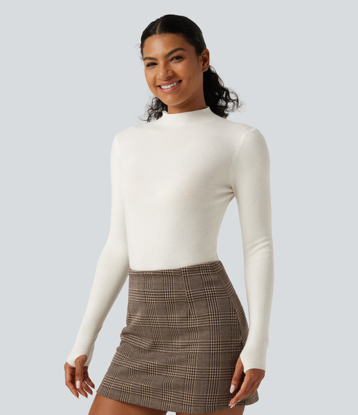Mock Neck Long Sleeve Thumb Hole Work Wool-Blend Jumper — White Down — view 3